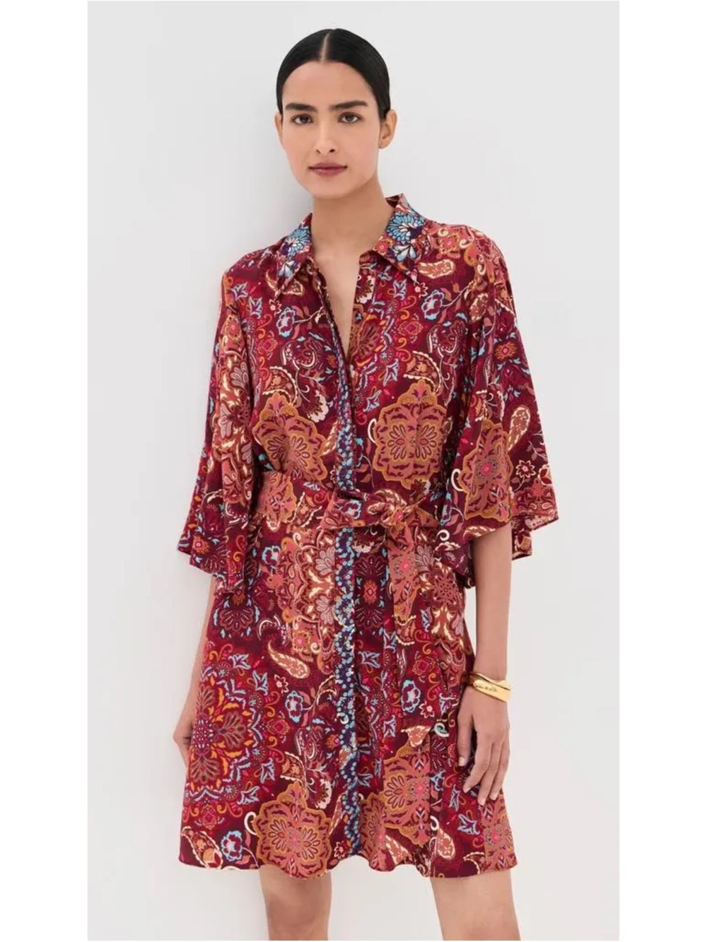 Figue Medallion-Print Pamela Belted 3/4 Sleeve Shirtdress Dress